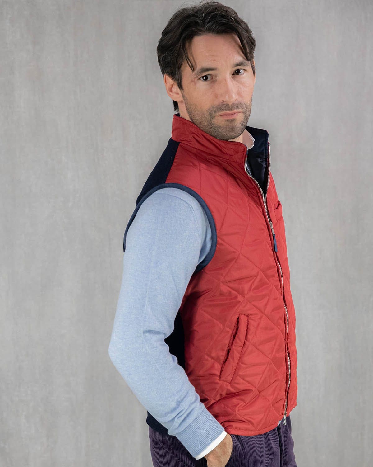 Red Quilted Gilet With Navy Knitted Back