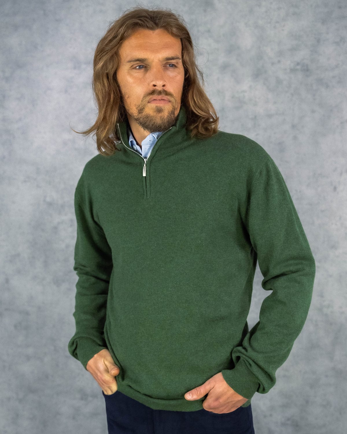 Serpentine Green Zip Neck 100% Cashmere Sweater
