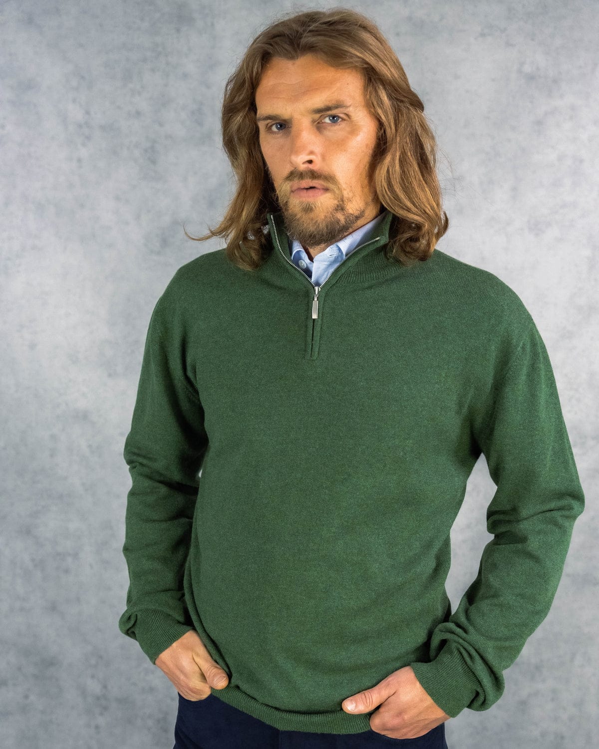 Serpentine Green Zip Neck 100% Cashmere Sweater
