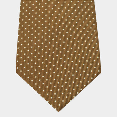 Tan Printed Silk Tie with White Pin Spots