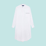 White Herringbone Cotton Nightshirt With Navy Piping