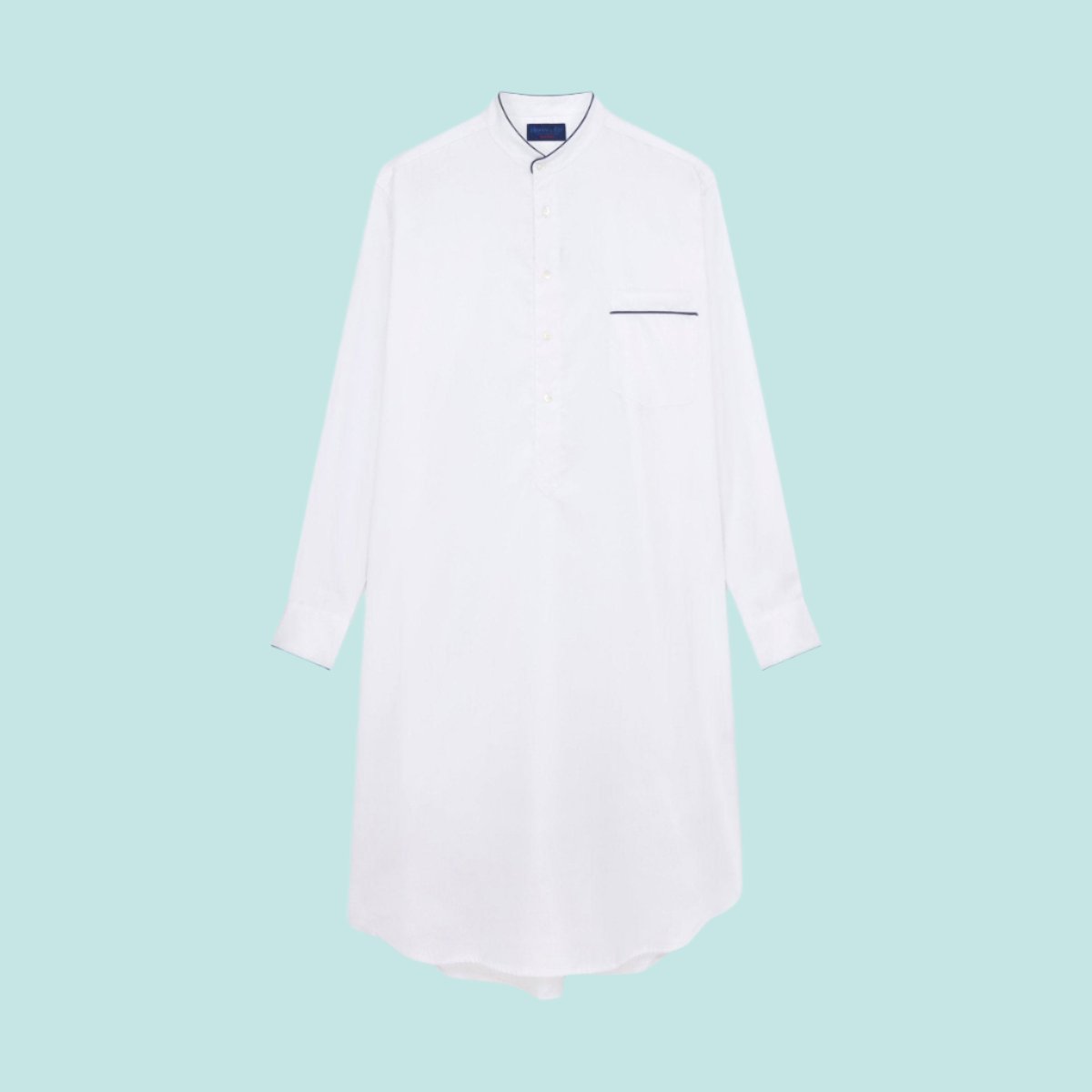 White Herringbone Cotton Nightshirt With Navy Piping