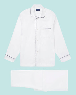 White Herringbone Cotton Pyjamas With Navy Piping