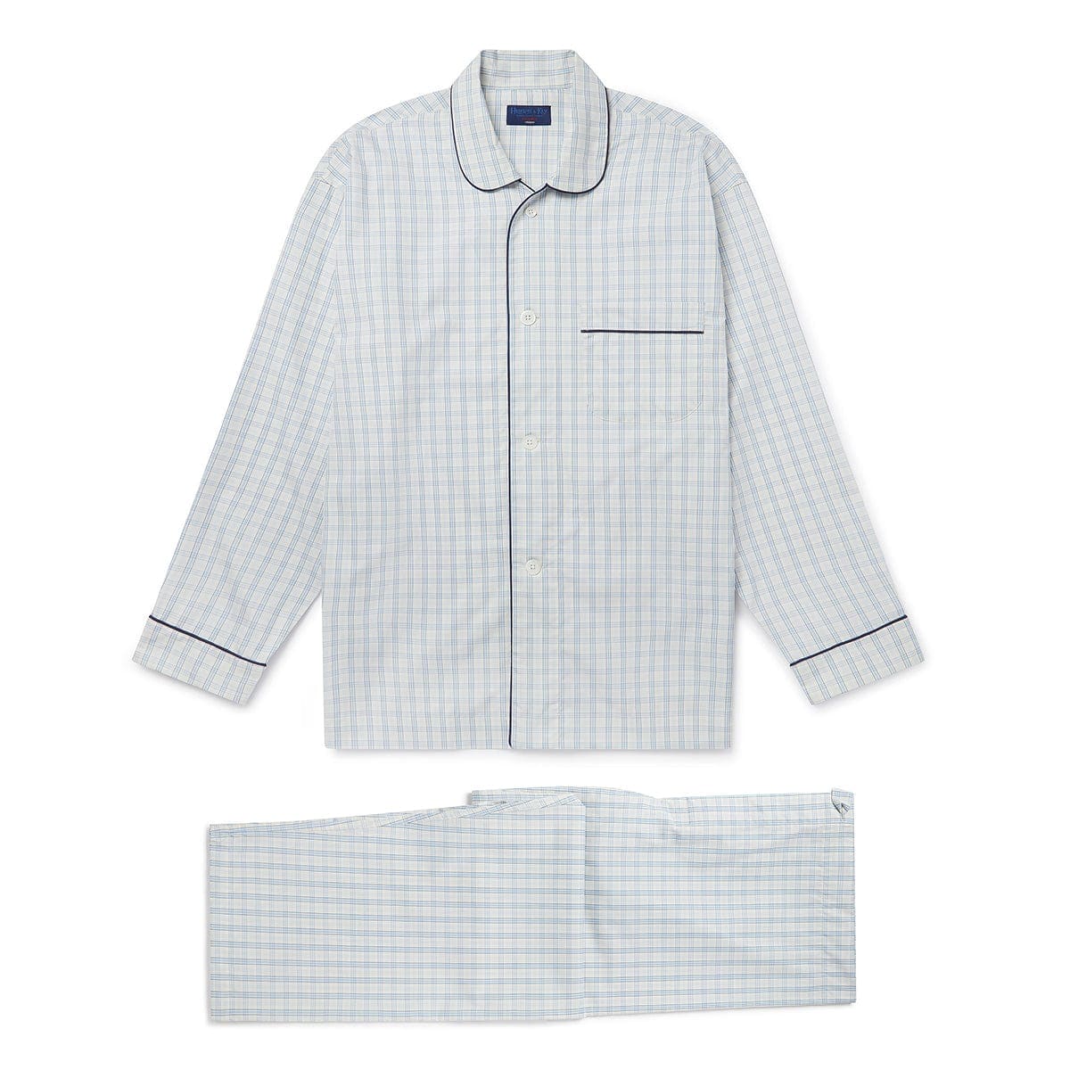 White With Blue Check Poplin Cotton Pyjamas With Navy Piping
