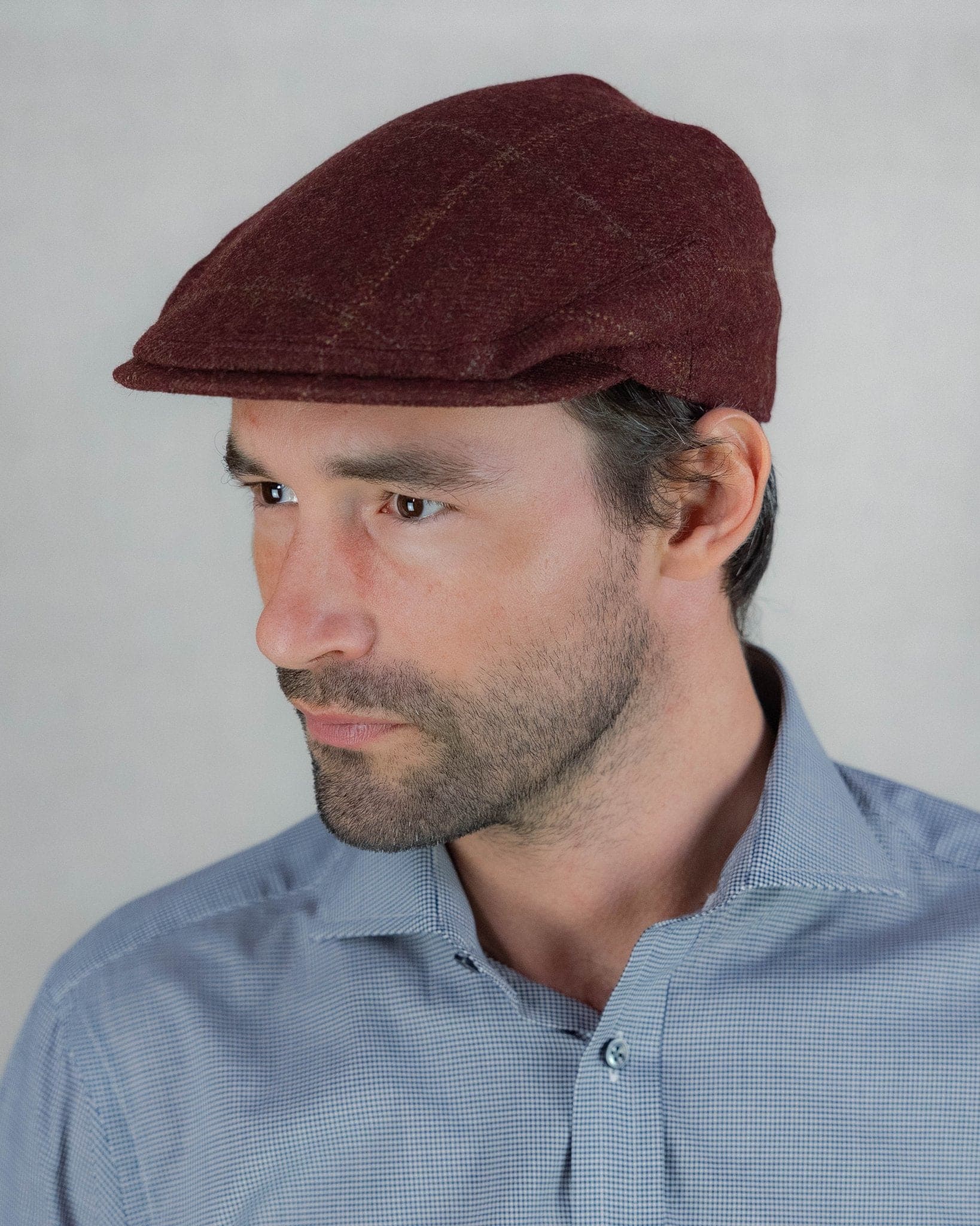 Wine With Gold Overcheck Wool Made In England Flat Cap